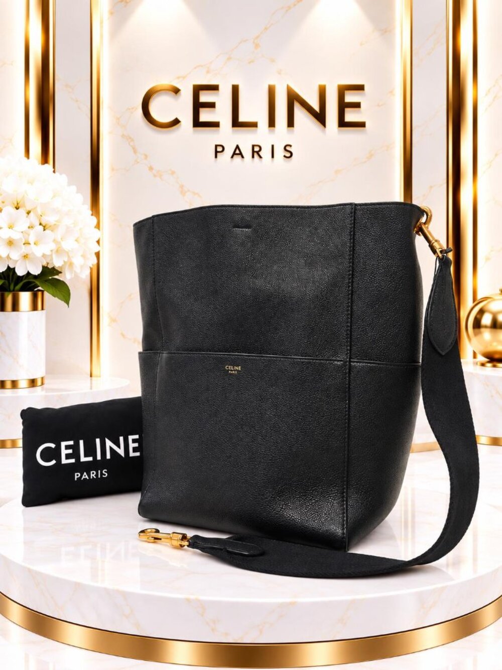 Authentic Celine Sangle Seau Black Leather Bucket Shoulder Bag Gold Hardware
